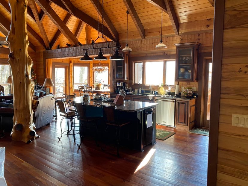 Inside the cabin overlooking the kitchen